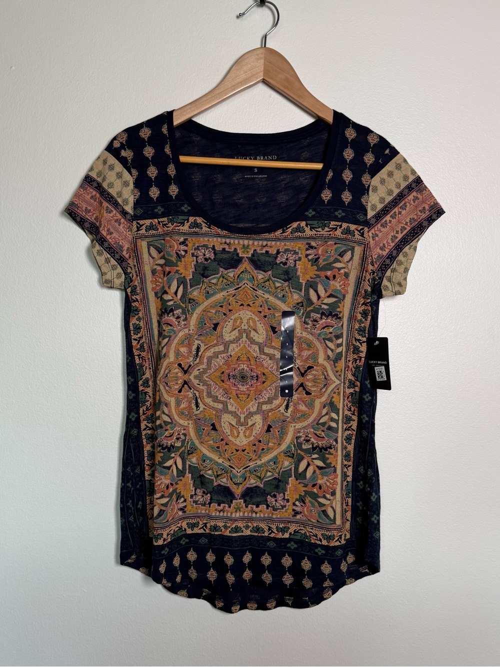 Lucky Brand Navy Multicolor Paisley Medallion Short Sleeve Tee